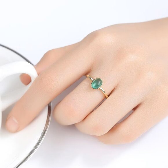 Jewelry - 18k Gold Plated over 925 sterling silver Cabochon 7x5 created oval Emerald Ring